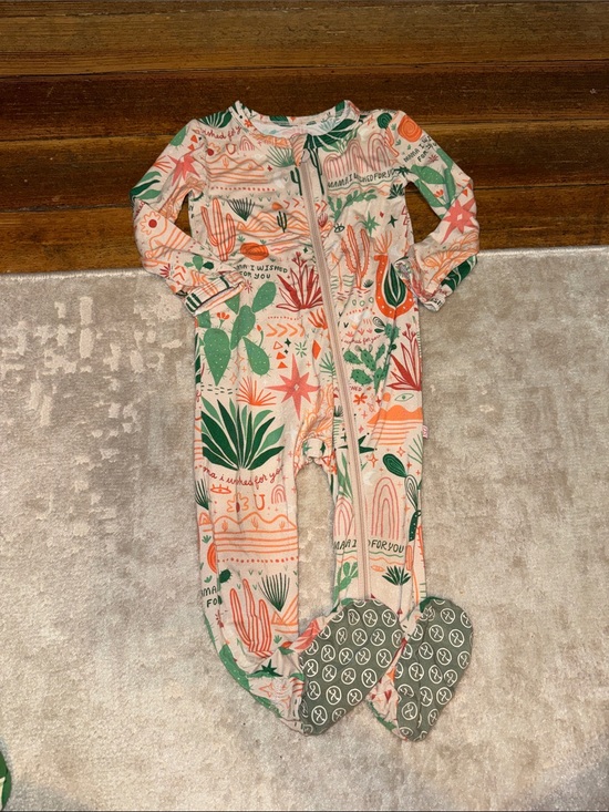 raising mama Other - Kids Footed One-Piece in Cream with Green & Coral Botanical Print